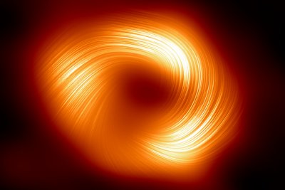 The black hole SgrA*: The magnetic fields spiral around the central shadow of the black hole. Image: EHT Collaboration